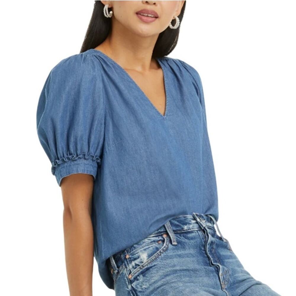 Draper James S Womens Heidi V Neck Top in Chambray Medium Blue Casual